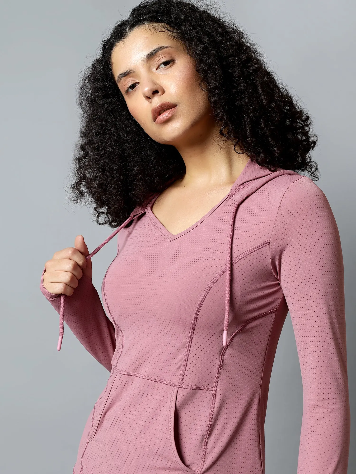 Fitkin Women's Mauve Self Design Longsleeve Hooded Tshirt