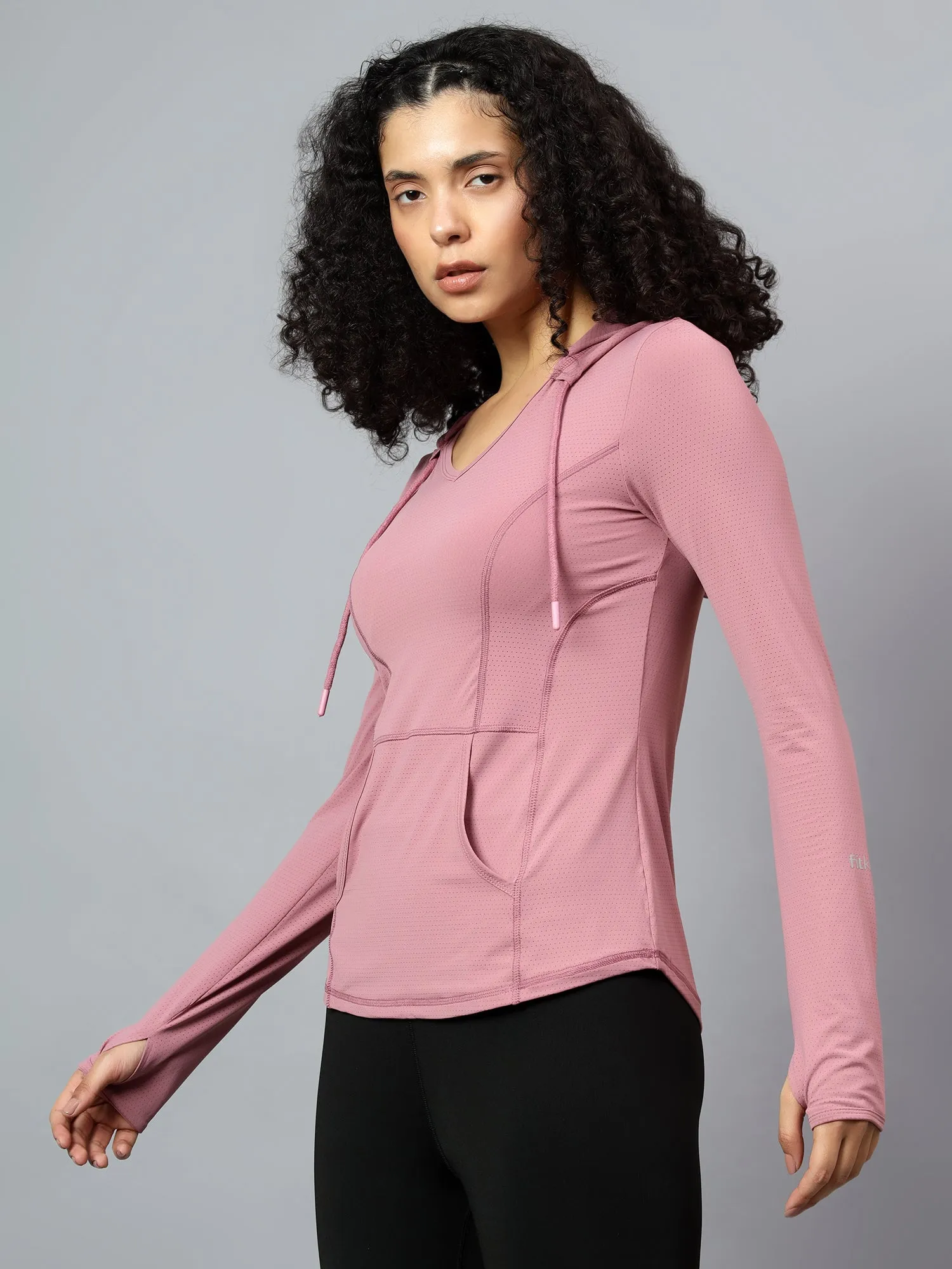 Fitkin Women's Mauve Self Design Longsleeve Hooded Tshirt