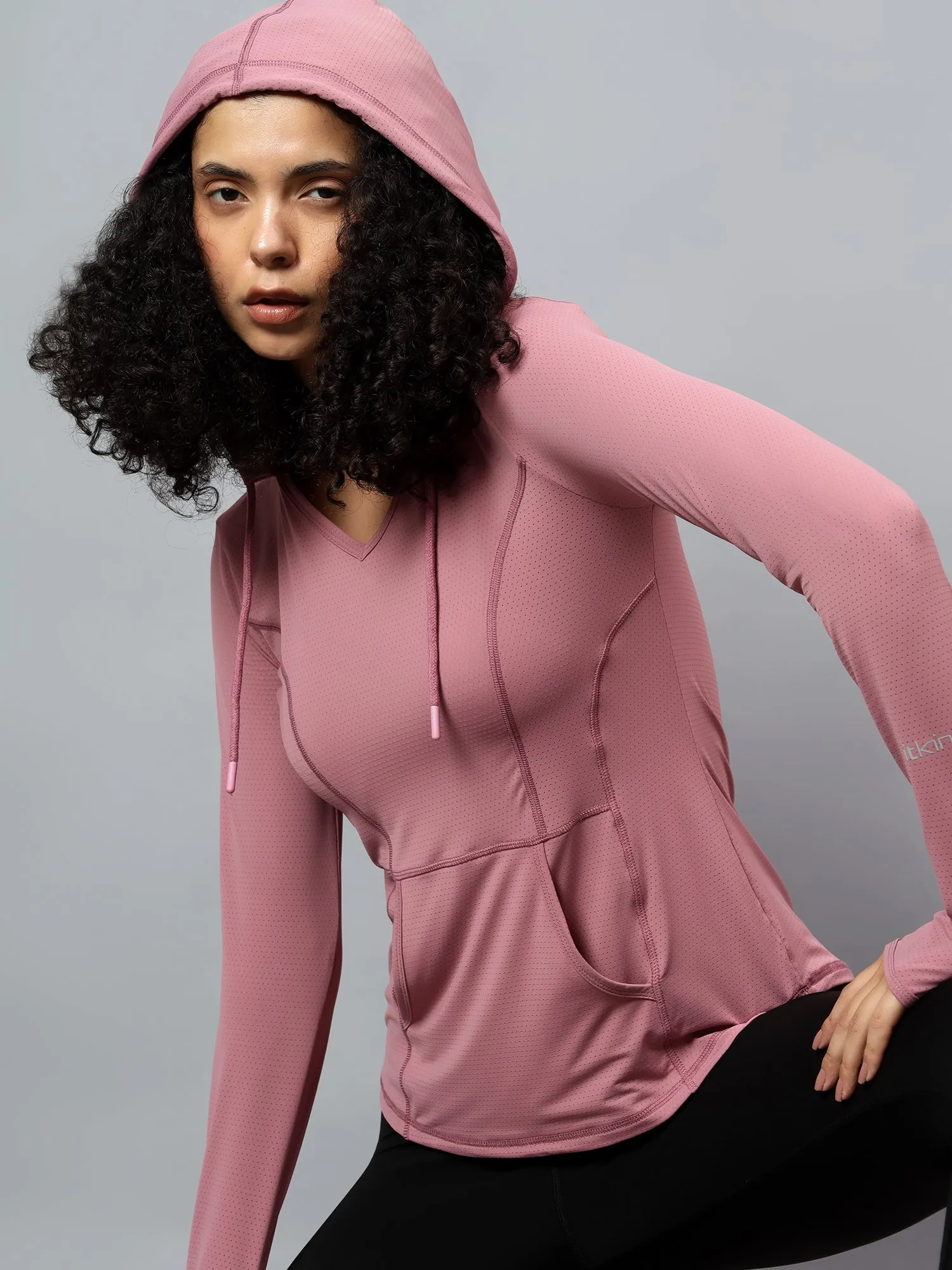 Fitkin Women's Mauve Self Design Longsleeve Hooded Tshirt