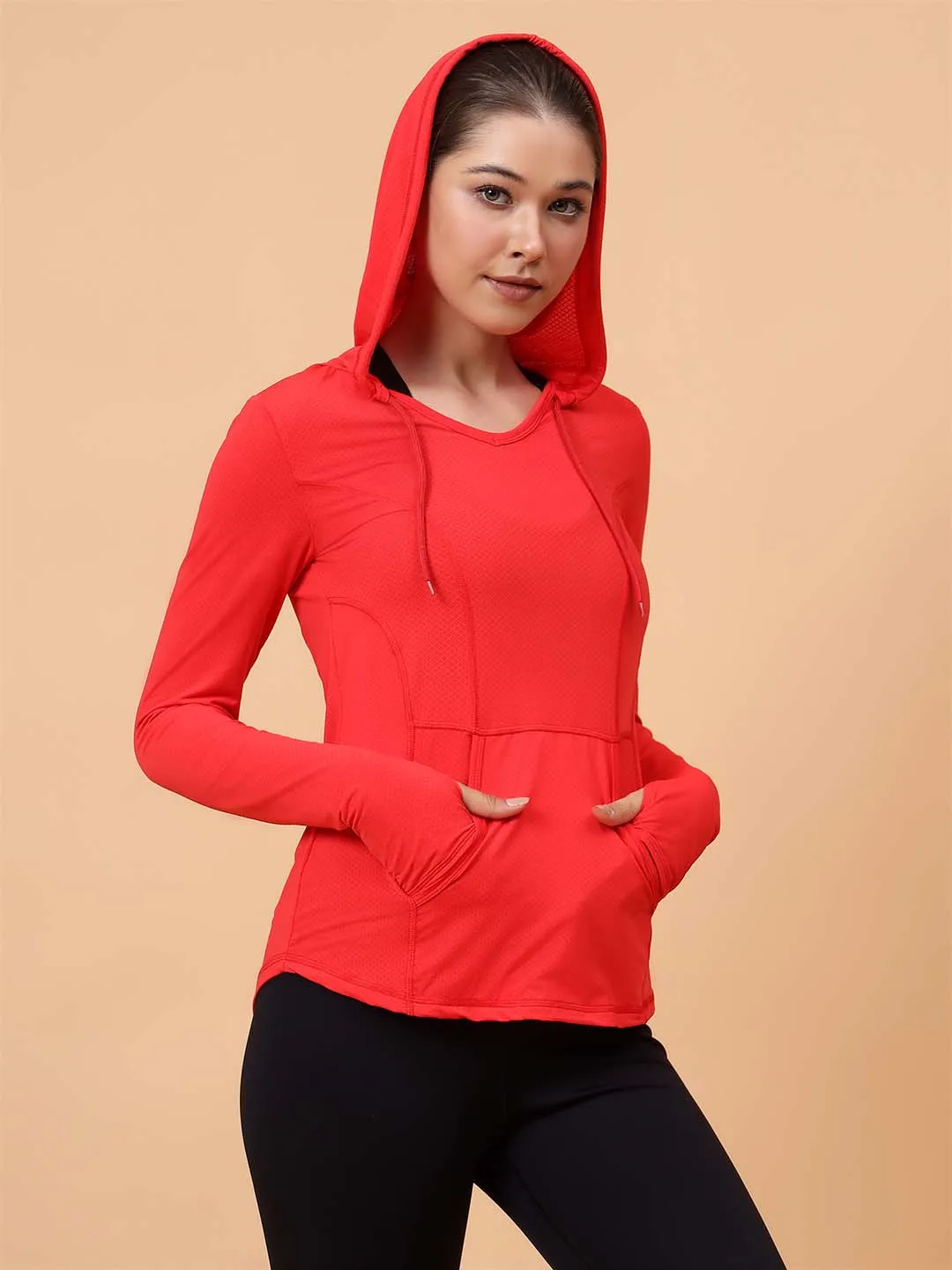 Fitkin Women's Red Self Design Longsleeve Hooded Tshirt