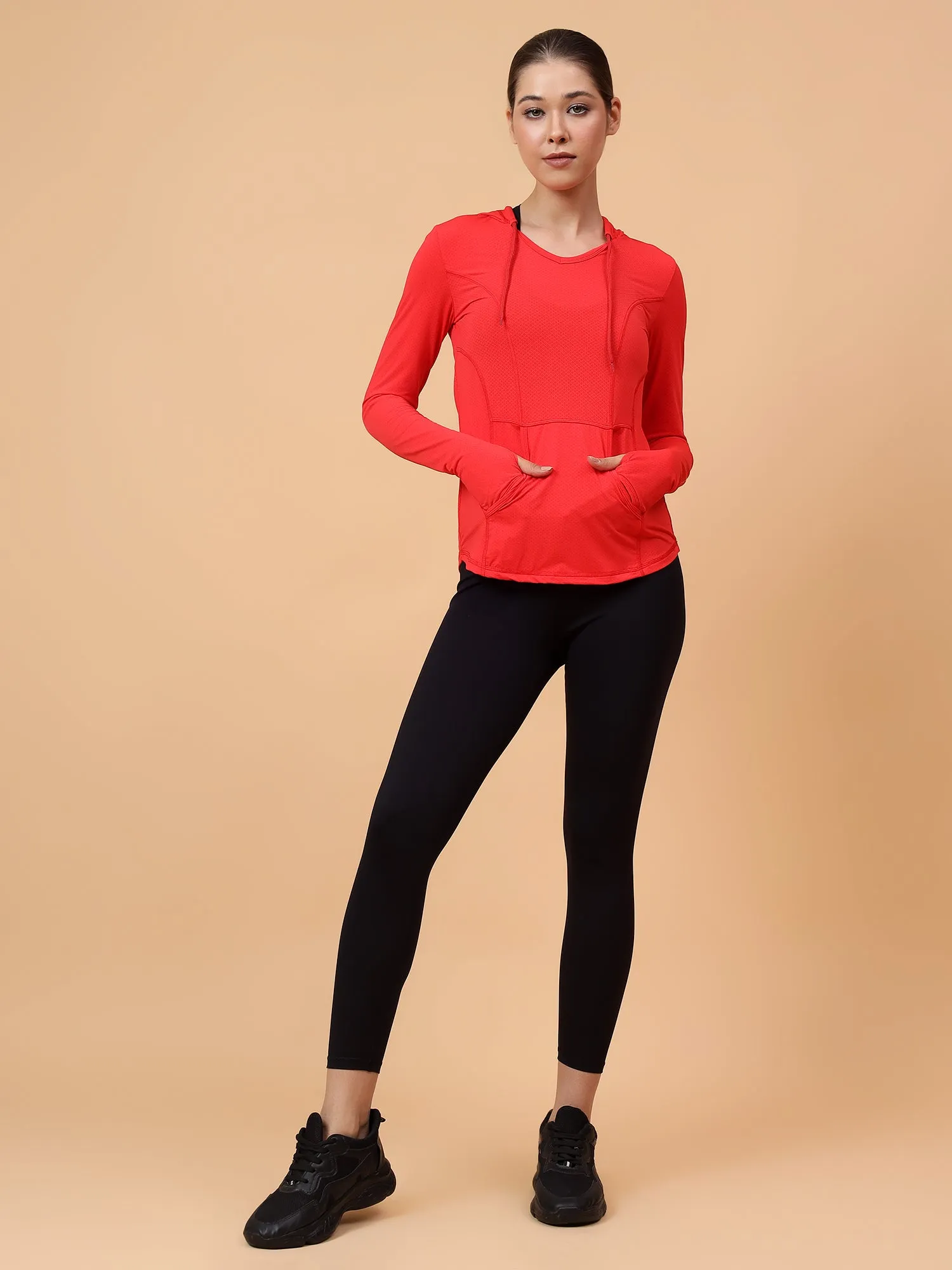 Fitkin Women's Red Self Design Longsleeve Hooded Tshirt