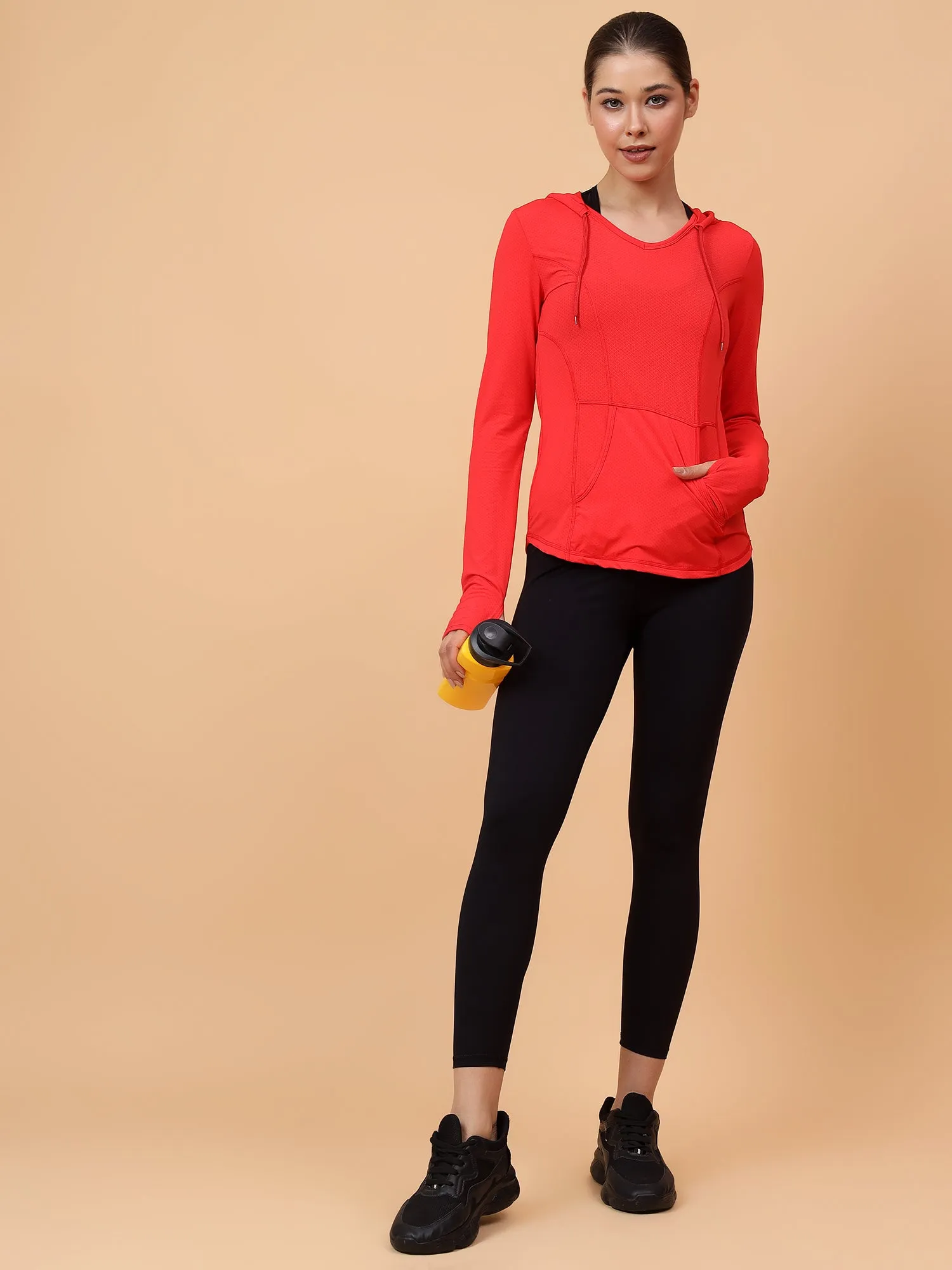 Fitkin Women's Red Self Design Longsleeve Hooded Tshirt