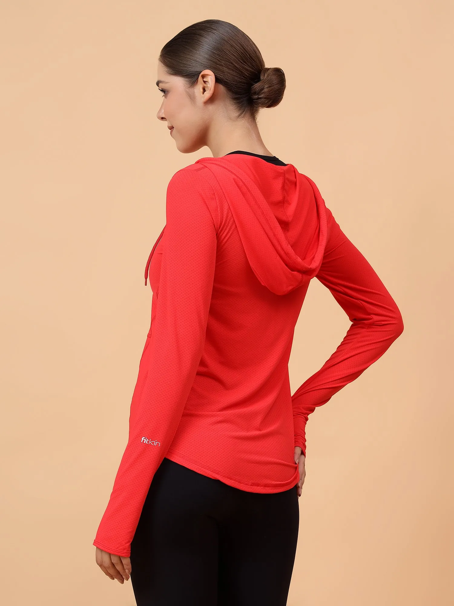 Fitkin Women's Red Self Design Longsleeve Hooded Tshirt
