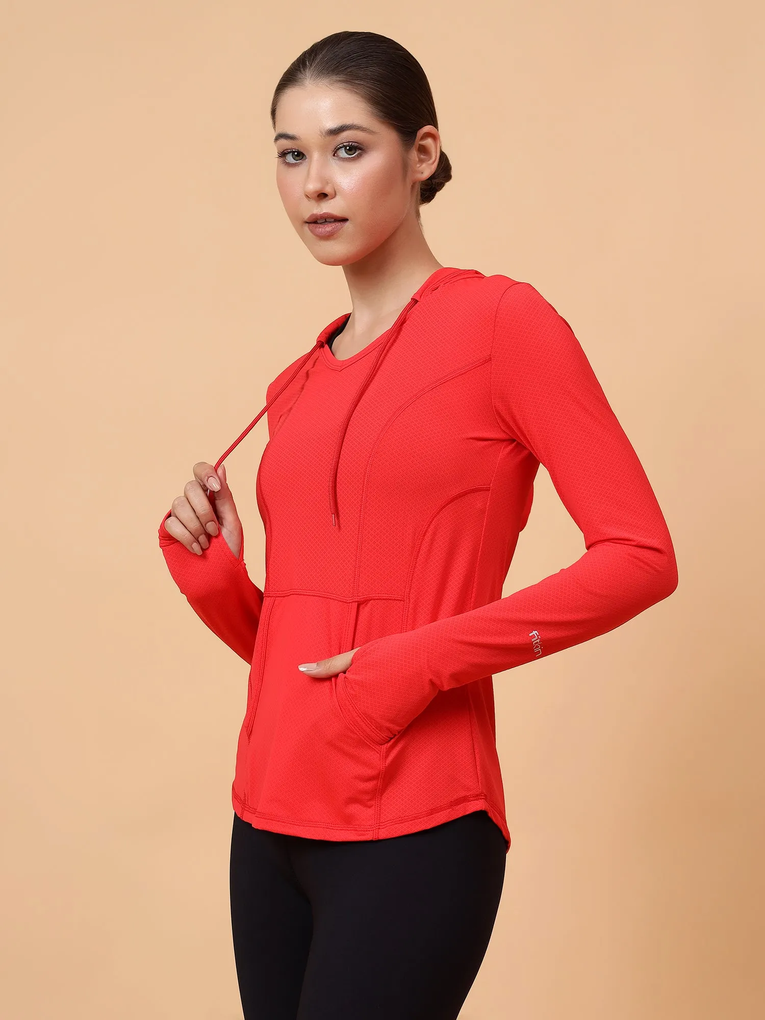 Fitkin Women's Red Self Design Longsleeve Hooded Tshirt