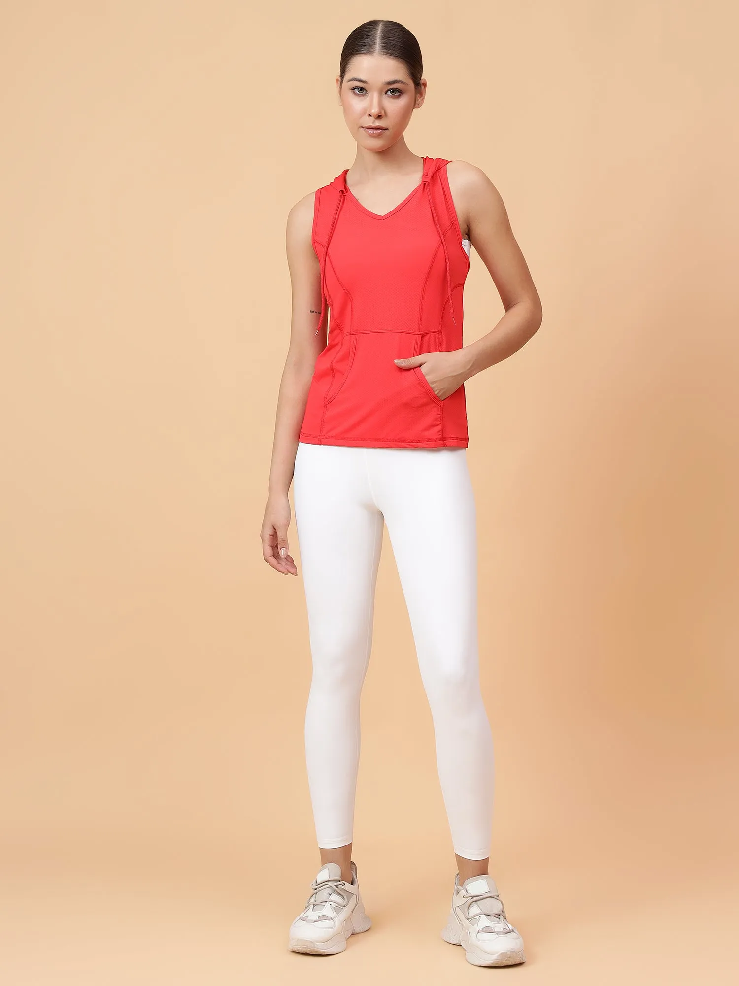 Fitkin Women's Red Self Design Sleeveless Hooded Tank Top