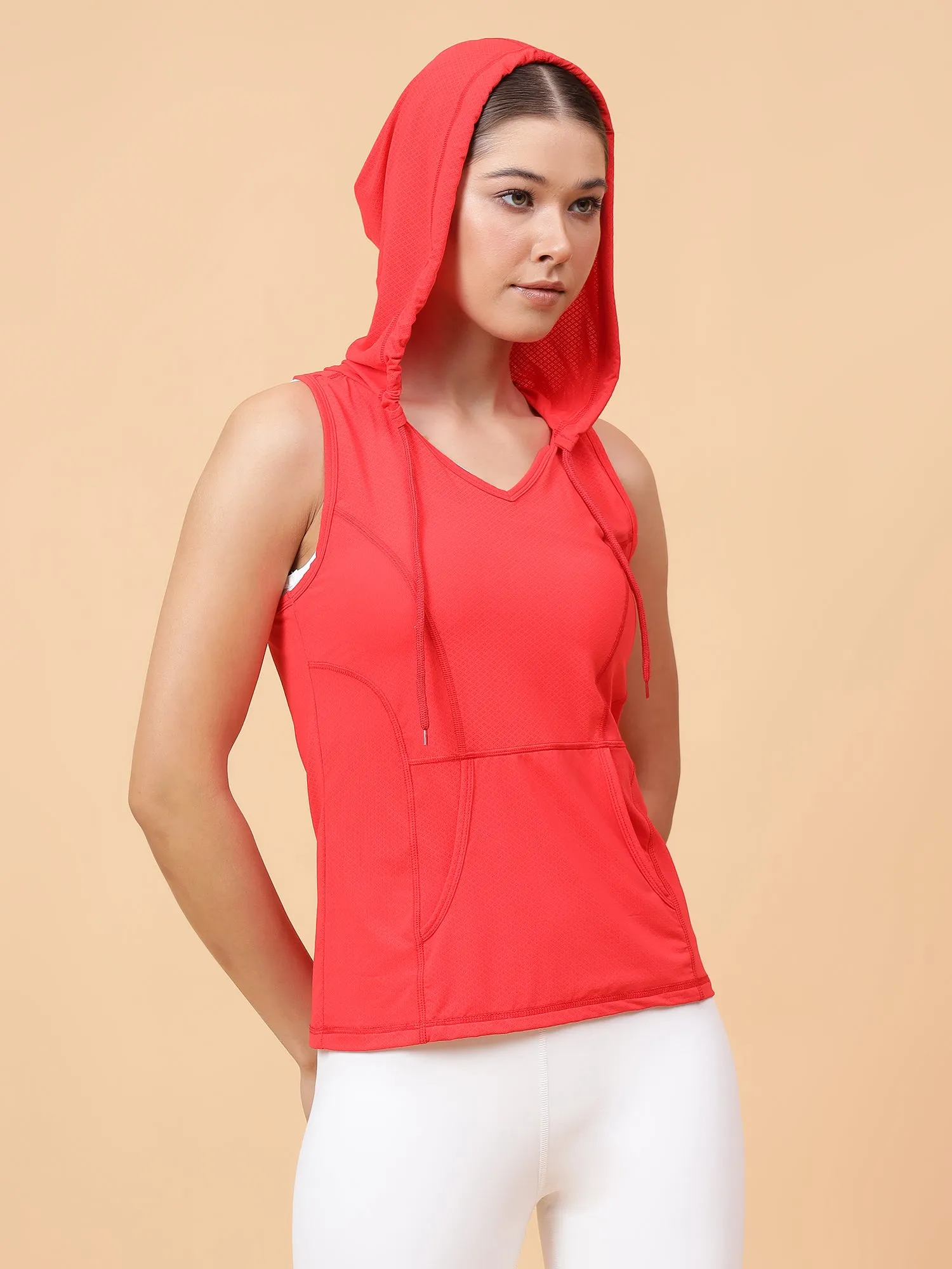Fitkin Women's Red Self Design Sleeveless Hooded Tank Top