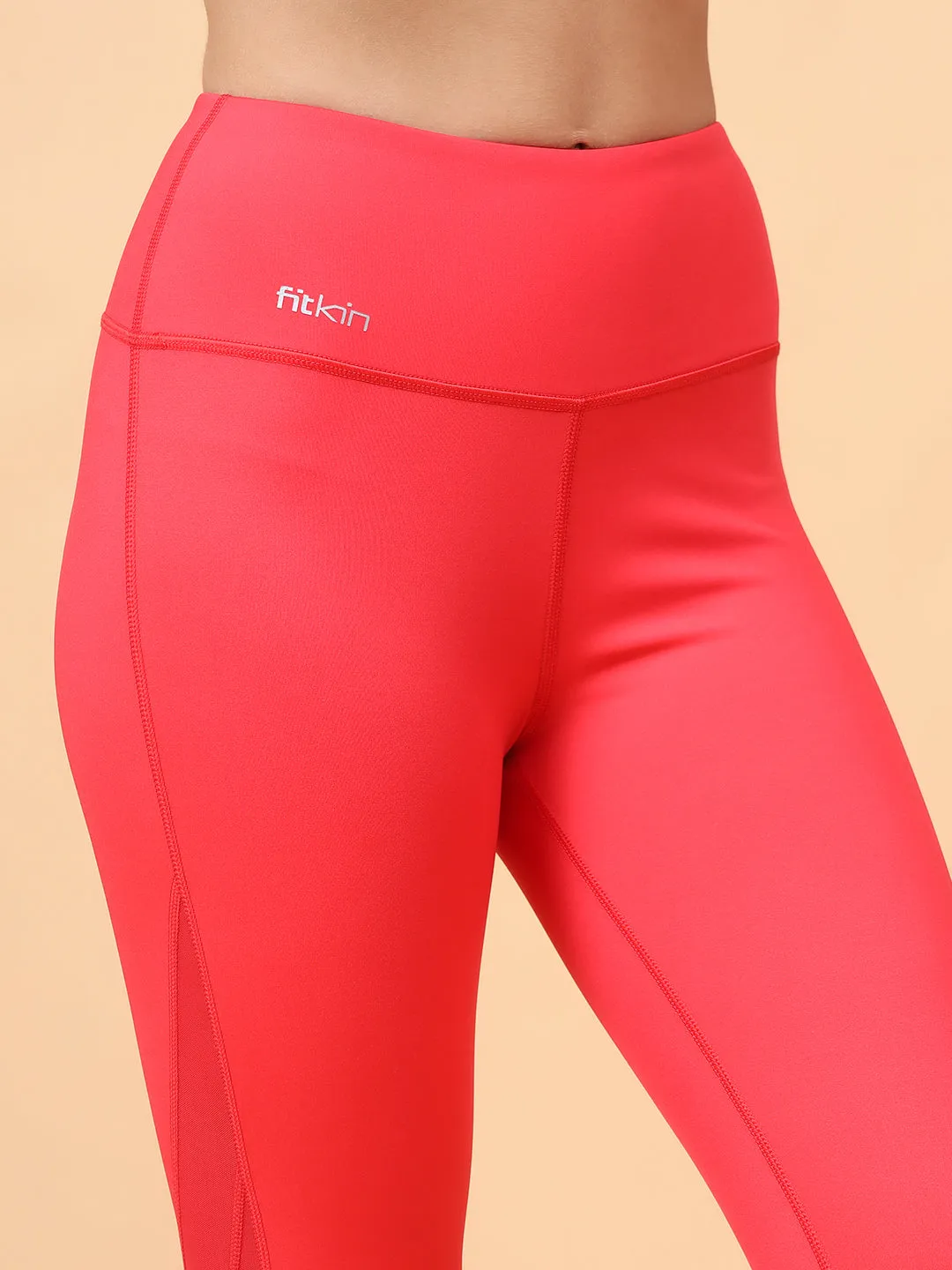 Fitkin Women's Red Side Mesh Design Tights