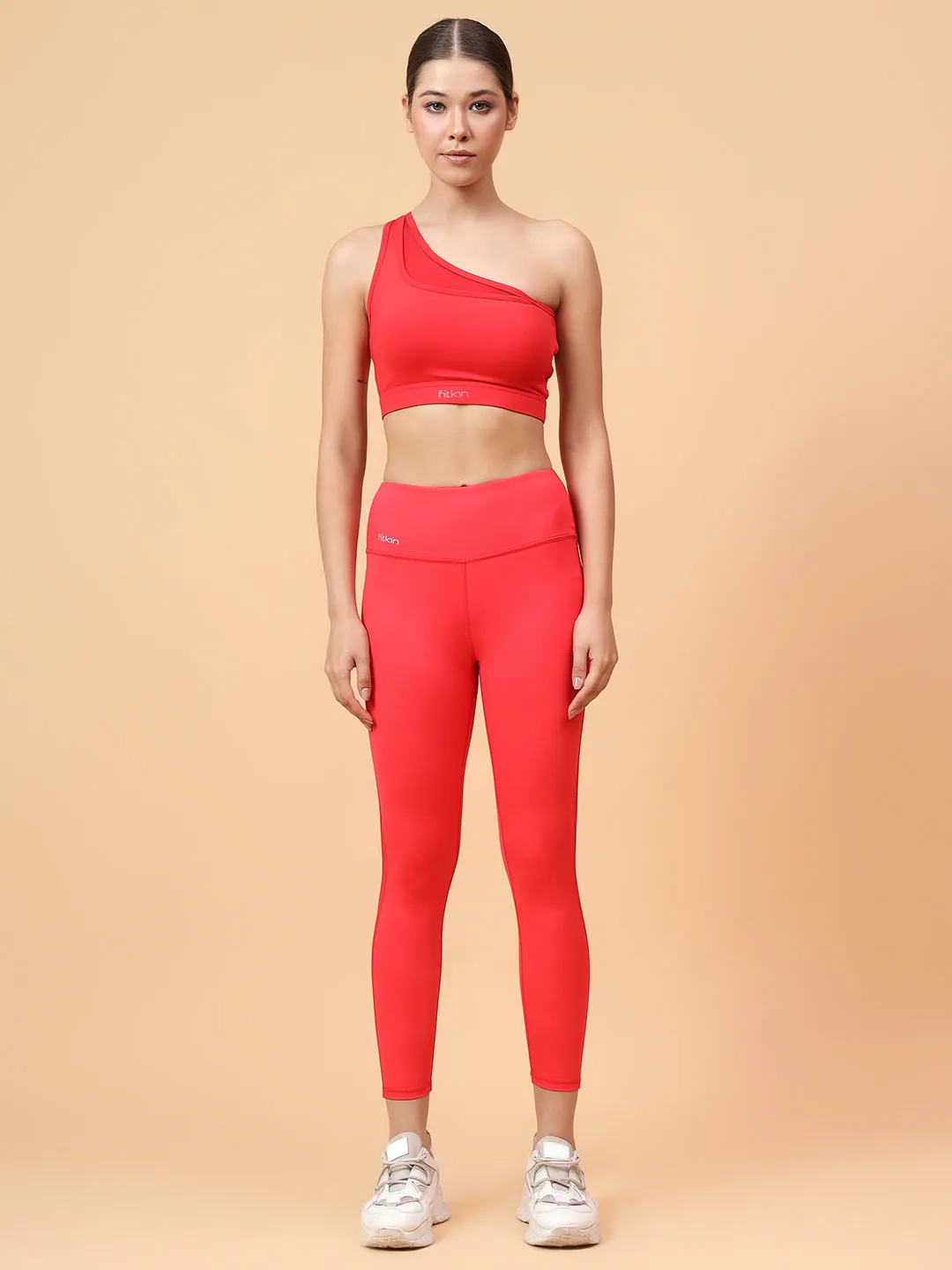 Fitkin Women's Red Side Mesh Design Tights