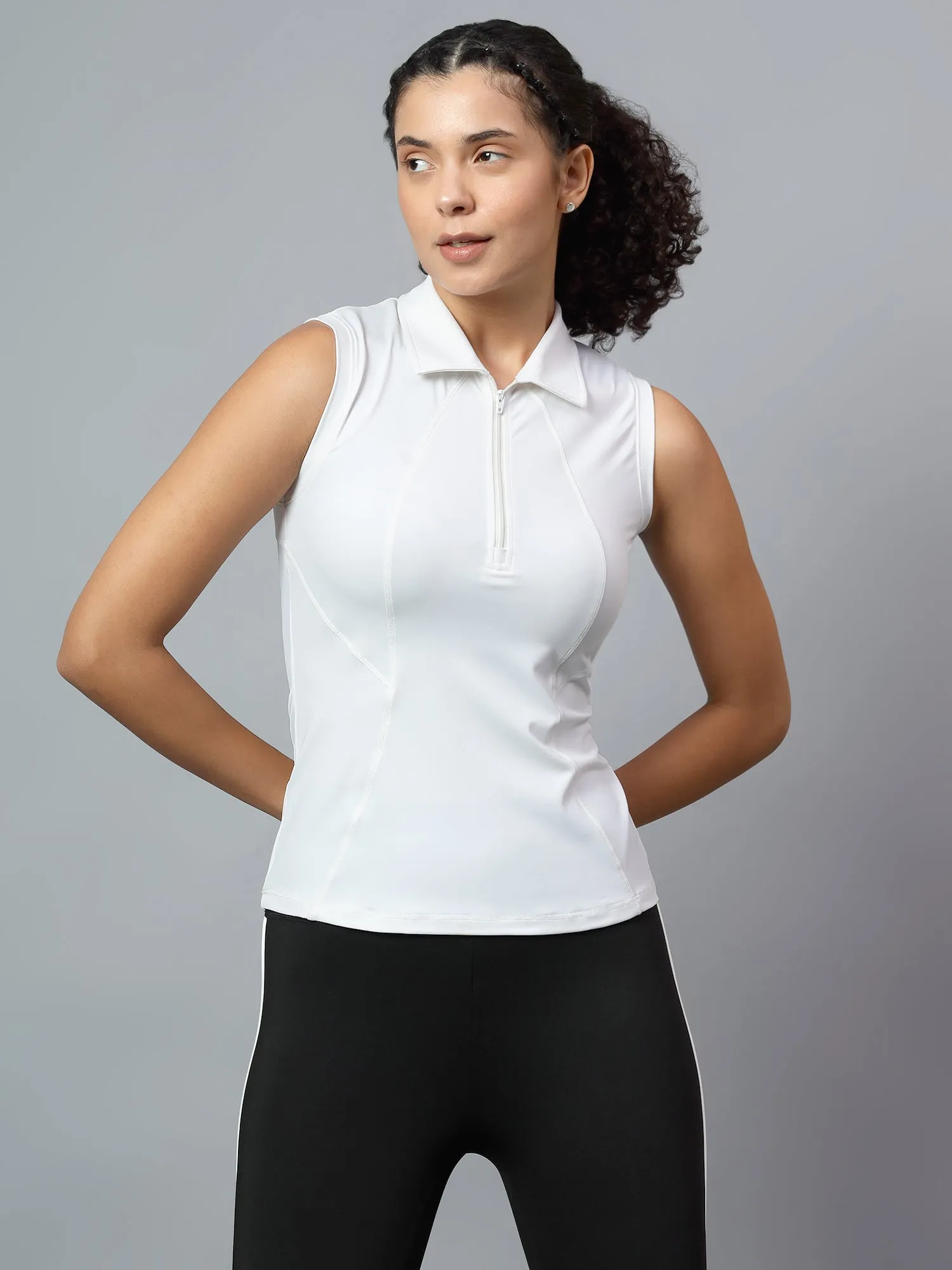 Fitkin Women's White Polo Zip Top