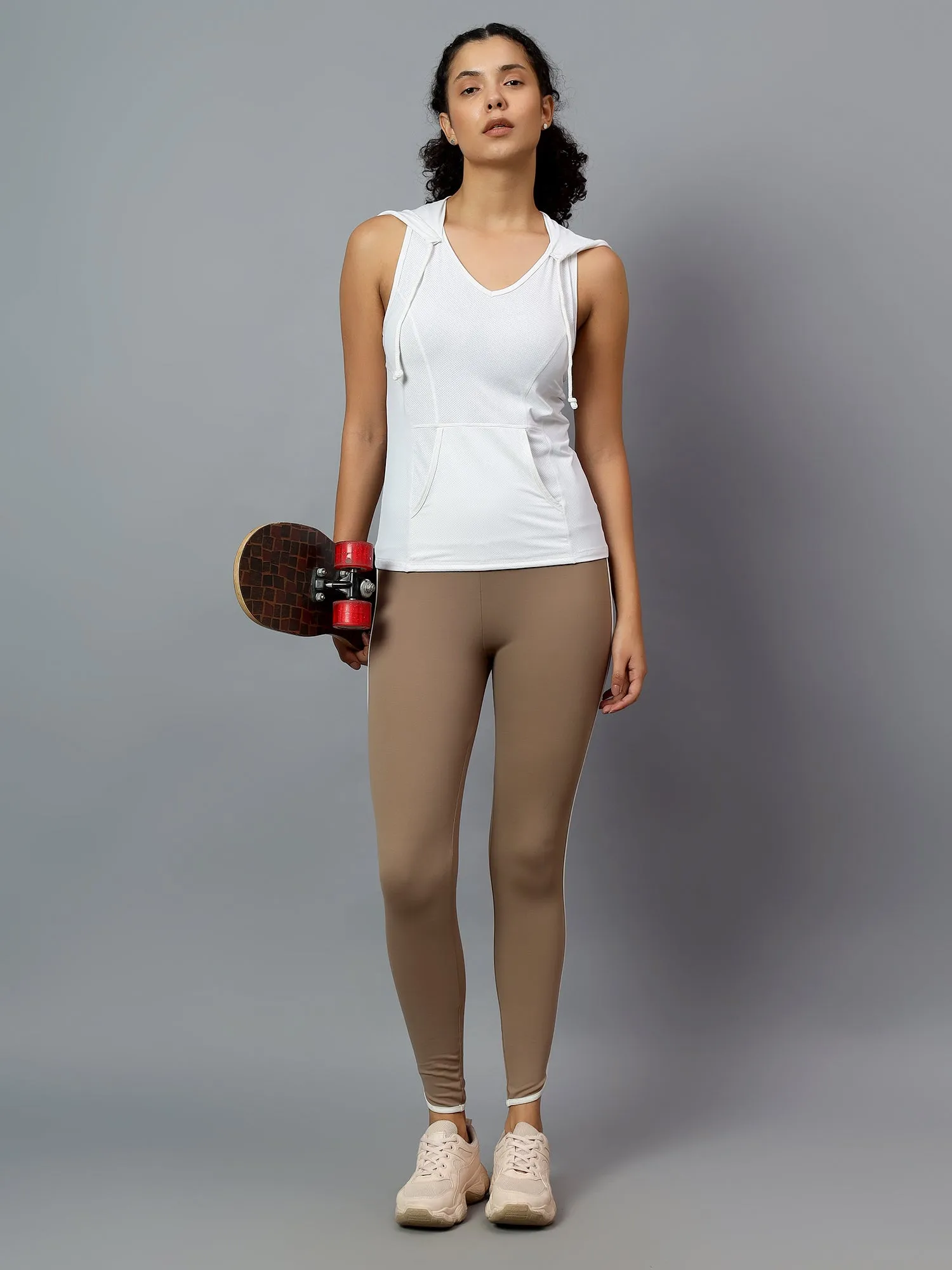 Fitkin Women's White Self Design Sleeveless Hooded Tank Top