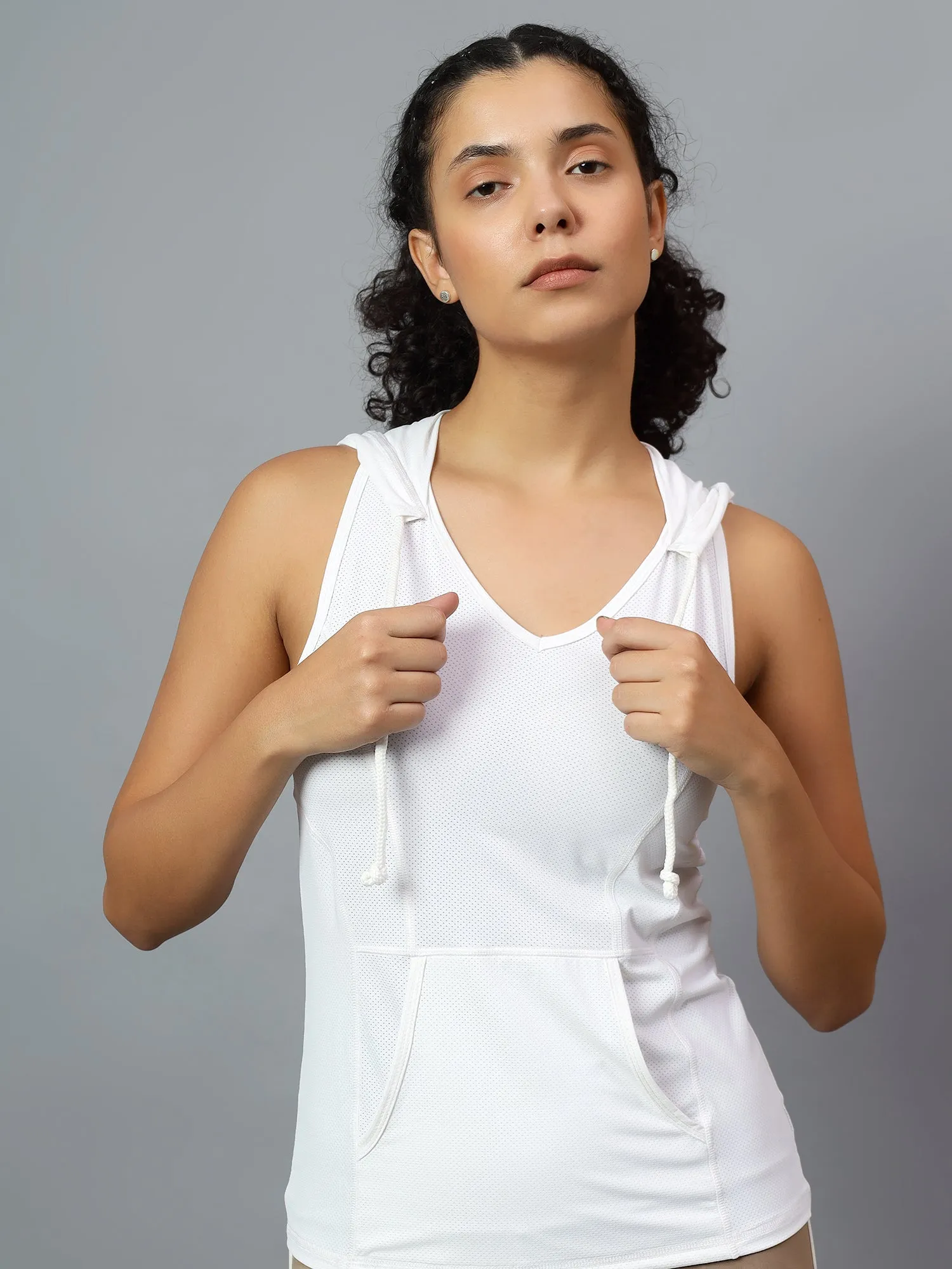 Fitkin Women's White Self Design Sleeveless Hooded Tank Top
