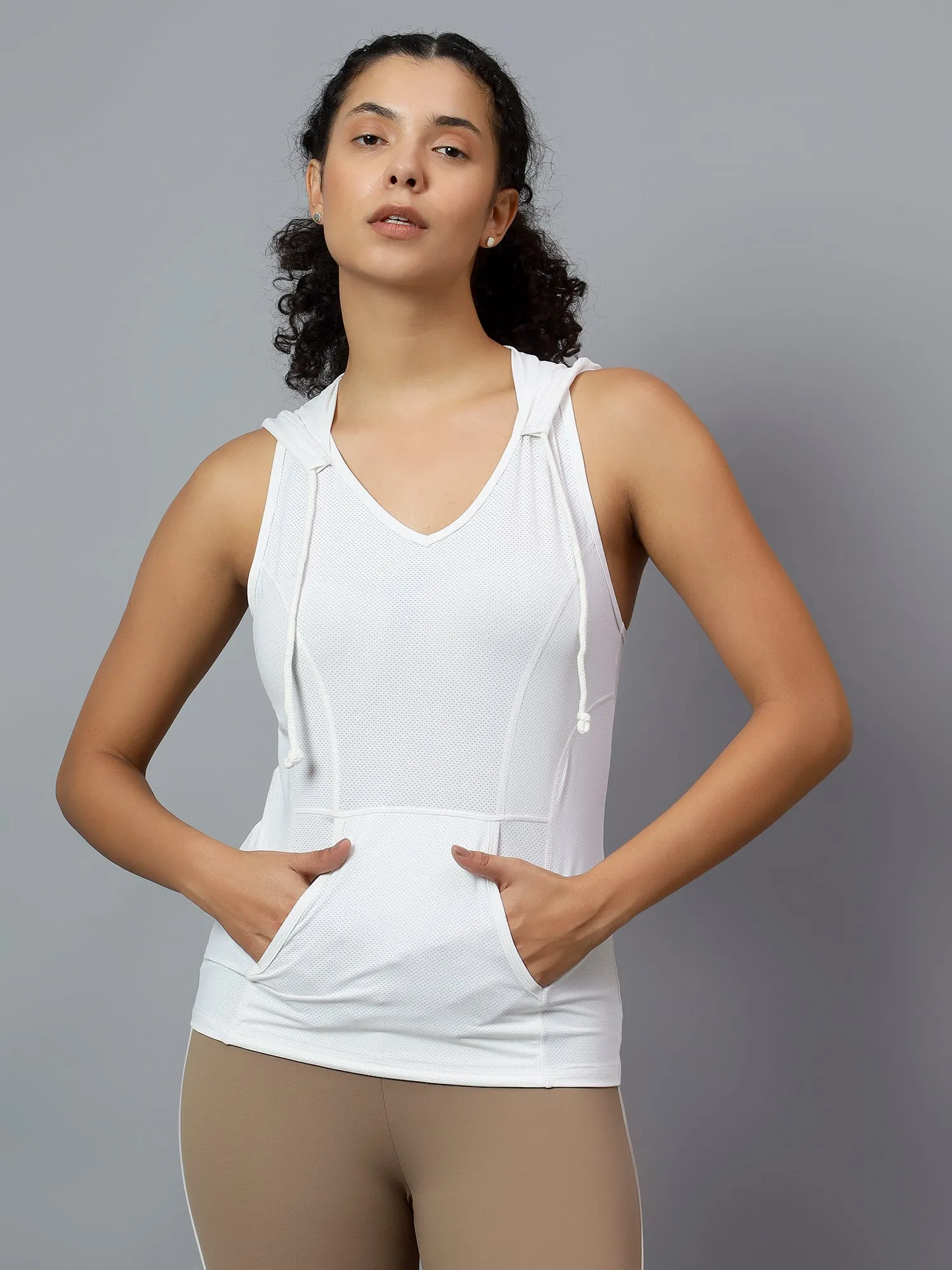 Fitkin Women's White Self Design Sleeveless Hooded Tank Top