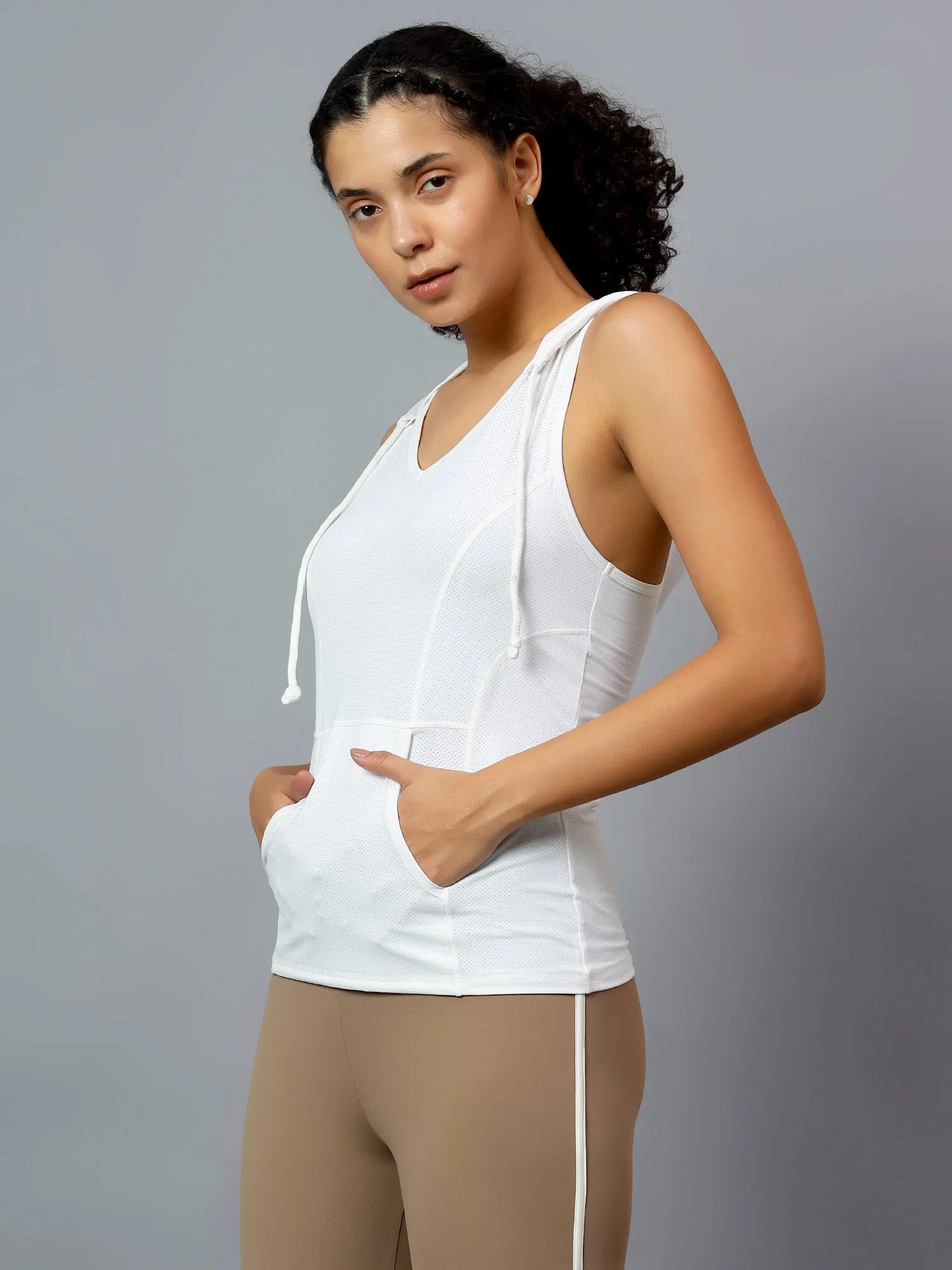 Fitkin Women's White Self Design Sleeveless Hooded Tank Top