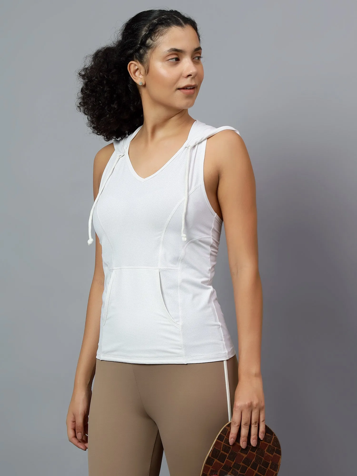 Fitkin Women's White Self Design Sleeveless Hooded Tank Top