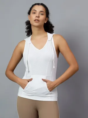 Fitkin Women's White Self Design Sleeveless Hooded Tank Top