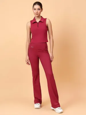 Ftkin Women Maroon Front Zipper Padded Collar Top