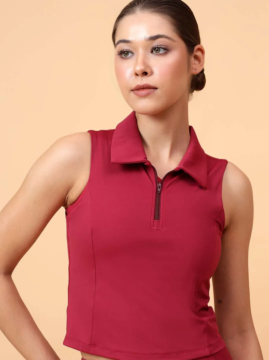Ftkin Women Maroon Front Zipper Padded Collar Top