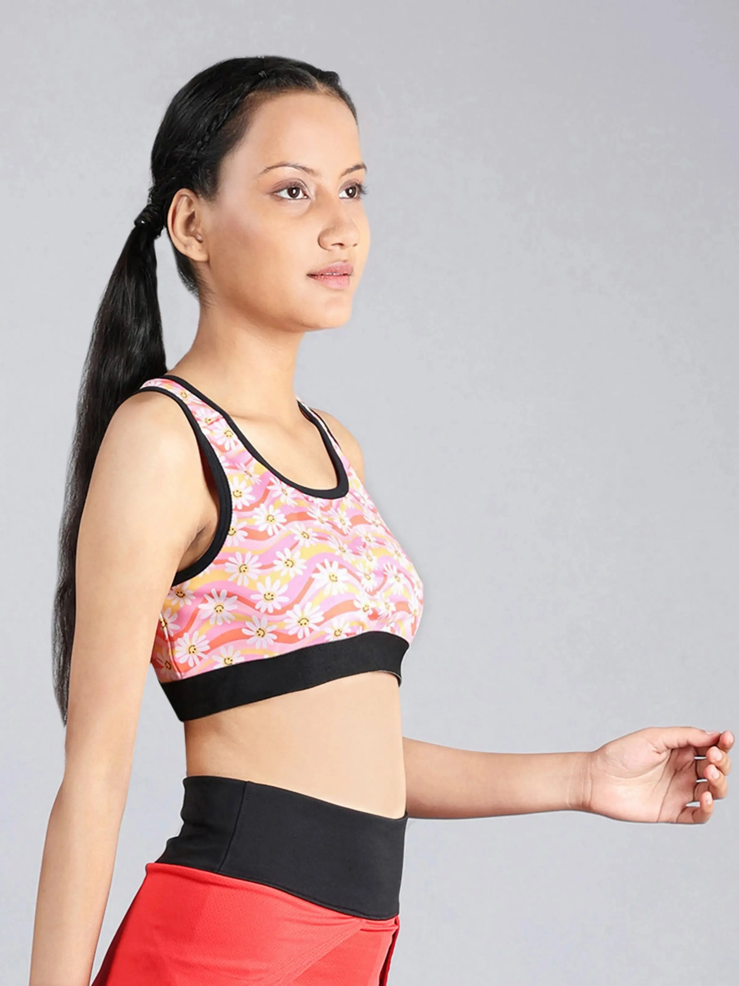 Full Coverage Racerback Sports Bra With Sunflower Print