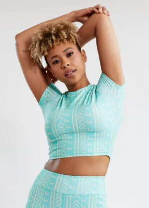 Gawa Women's African Print Active Crop Top (Mint Tan Mudcloth) - Clearance