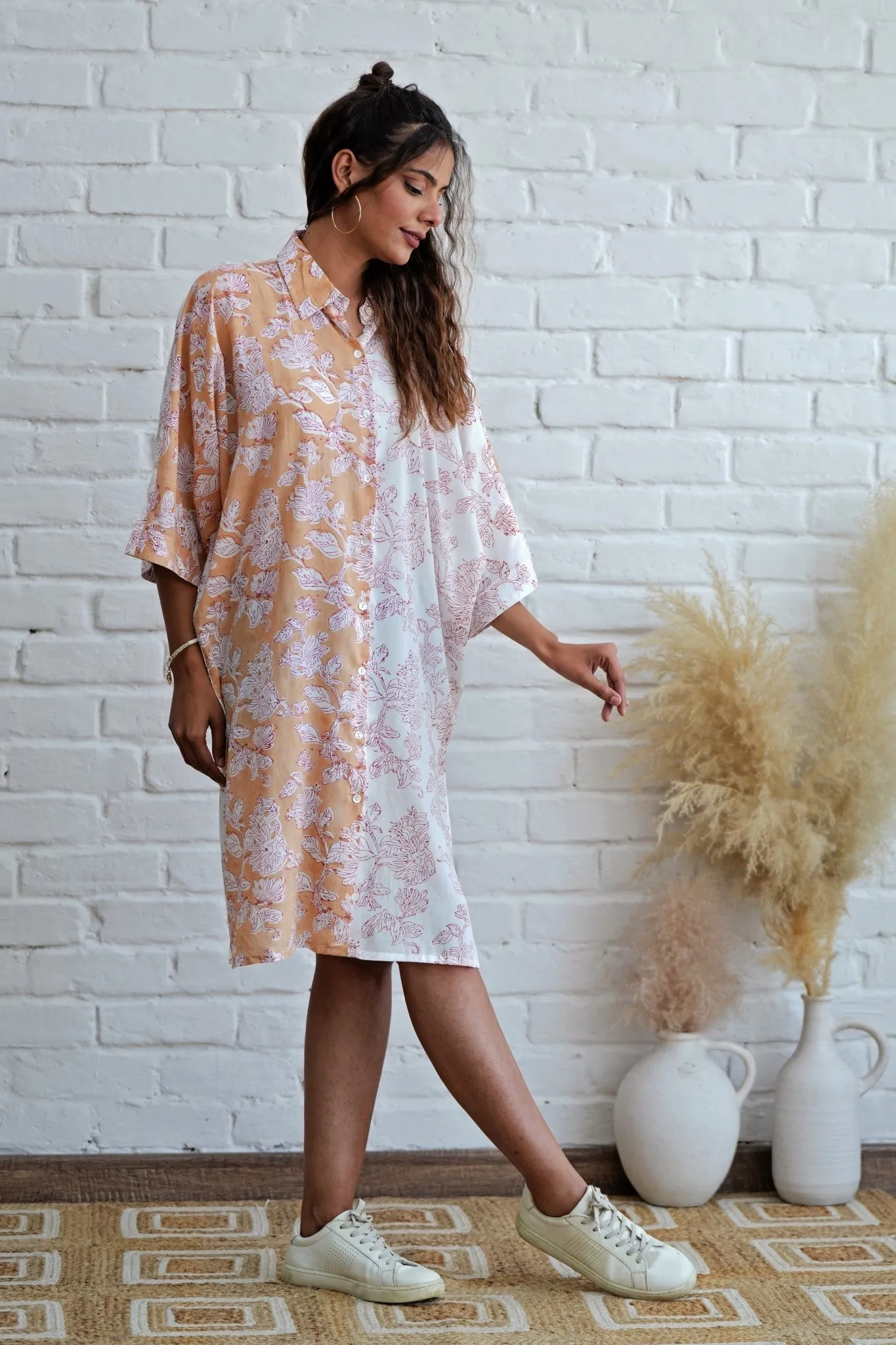 Grace in Peach Hand Block Printed Oversize Shirt