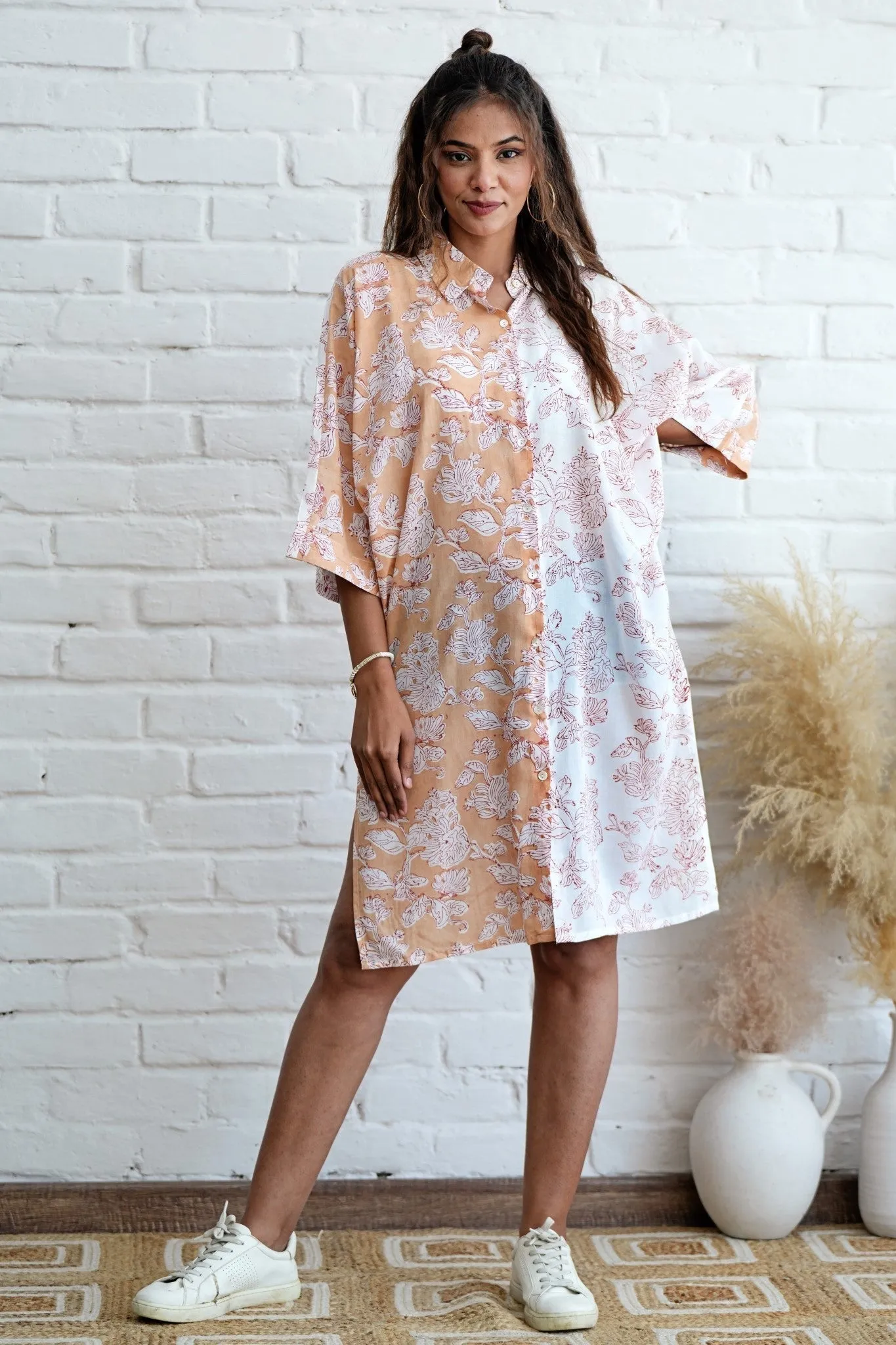 Grace in Peach Hand Block Printed Oversize Shirt