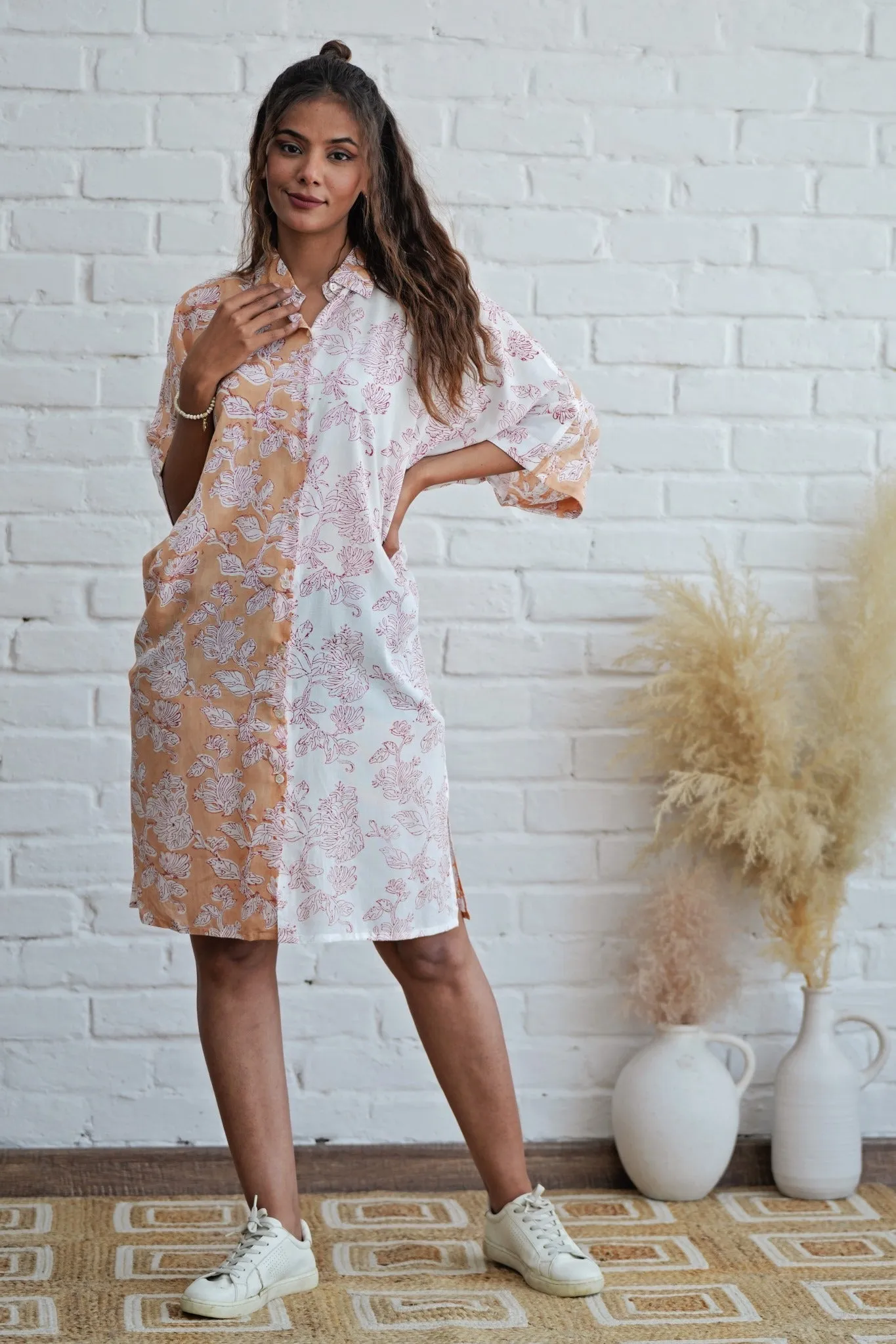 Grace in Peach Hand Block Printed Oversize Shirt