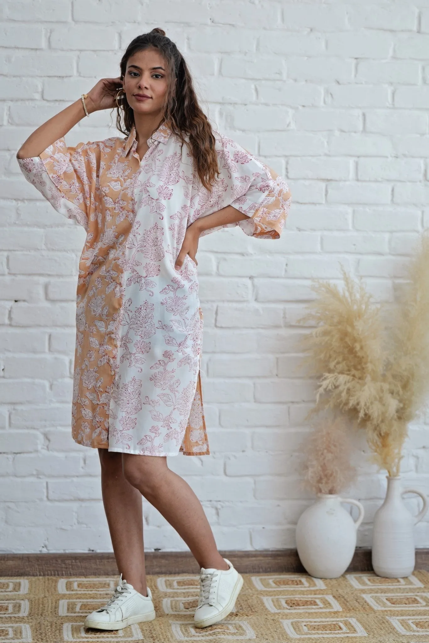 Grace in Peach Hand Block Printed Oversize Shirt