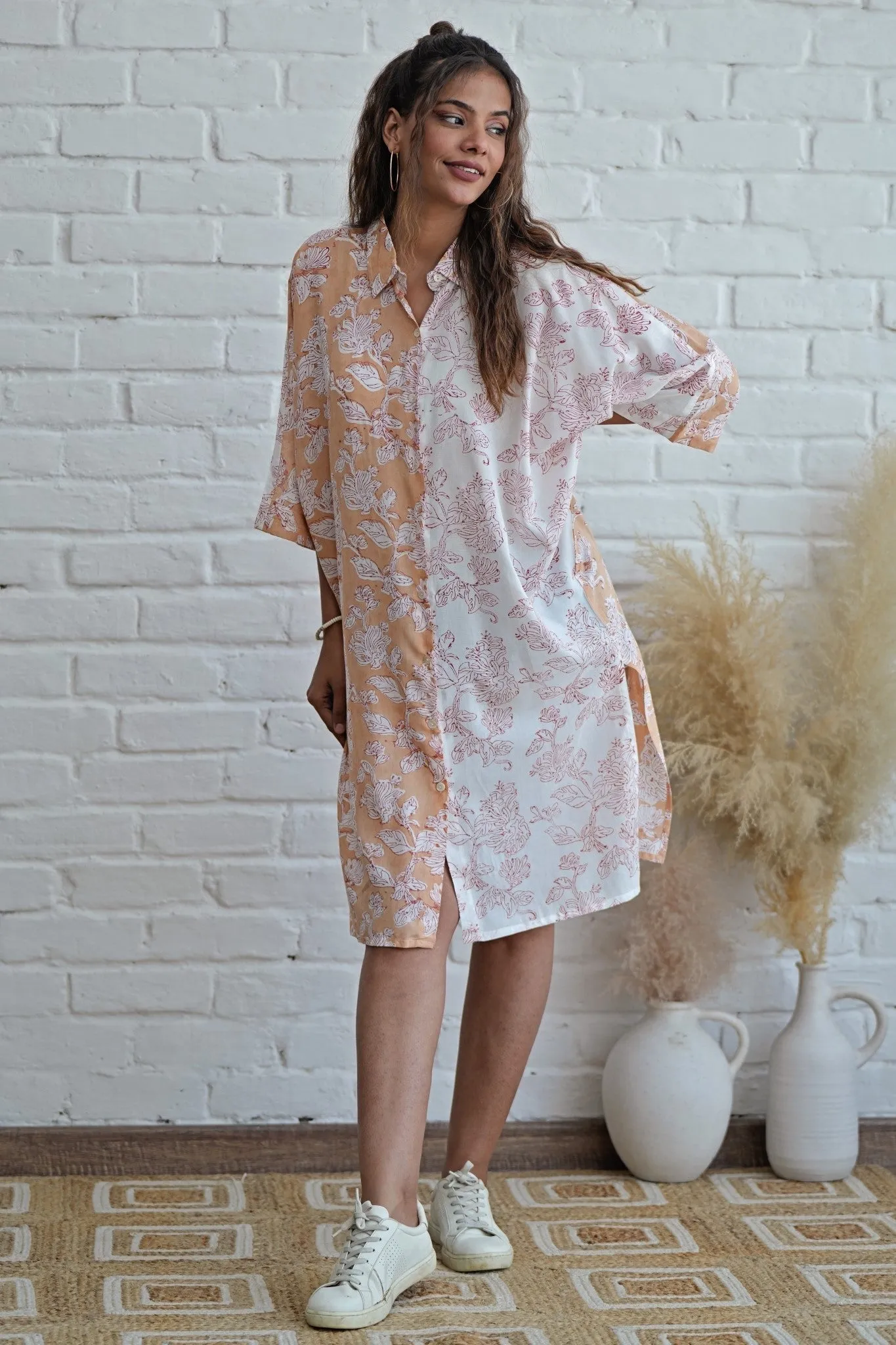 Grace in Peach Hand Block Printed Oversize Shirt