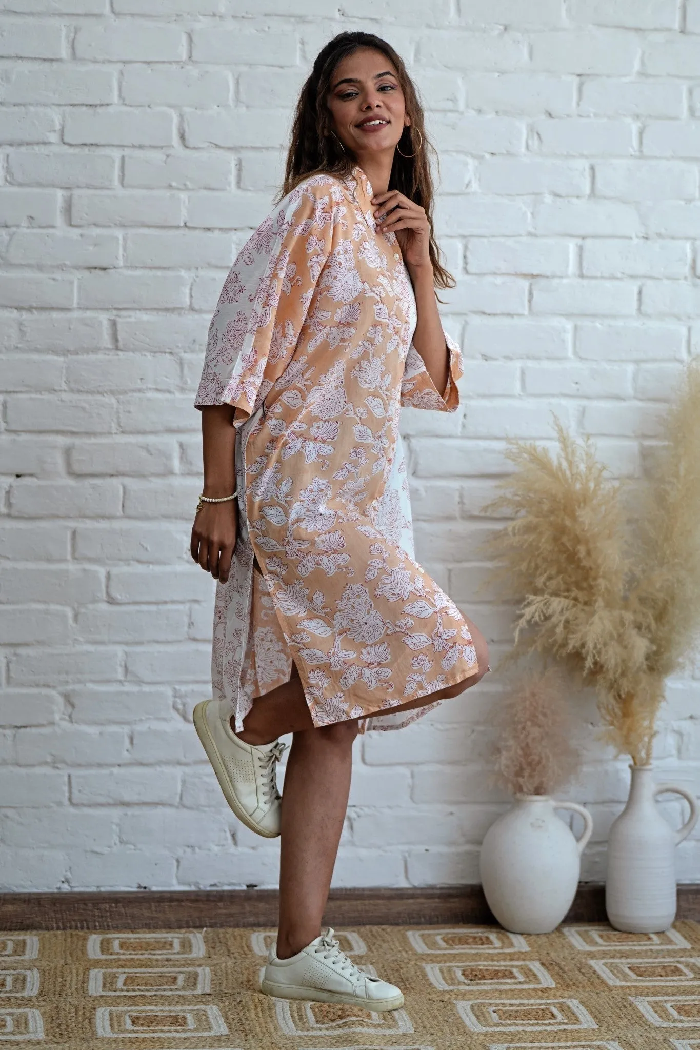 Grace in Peach Hand Block Printed Oversize Shirt