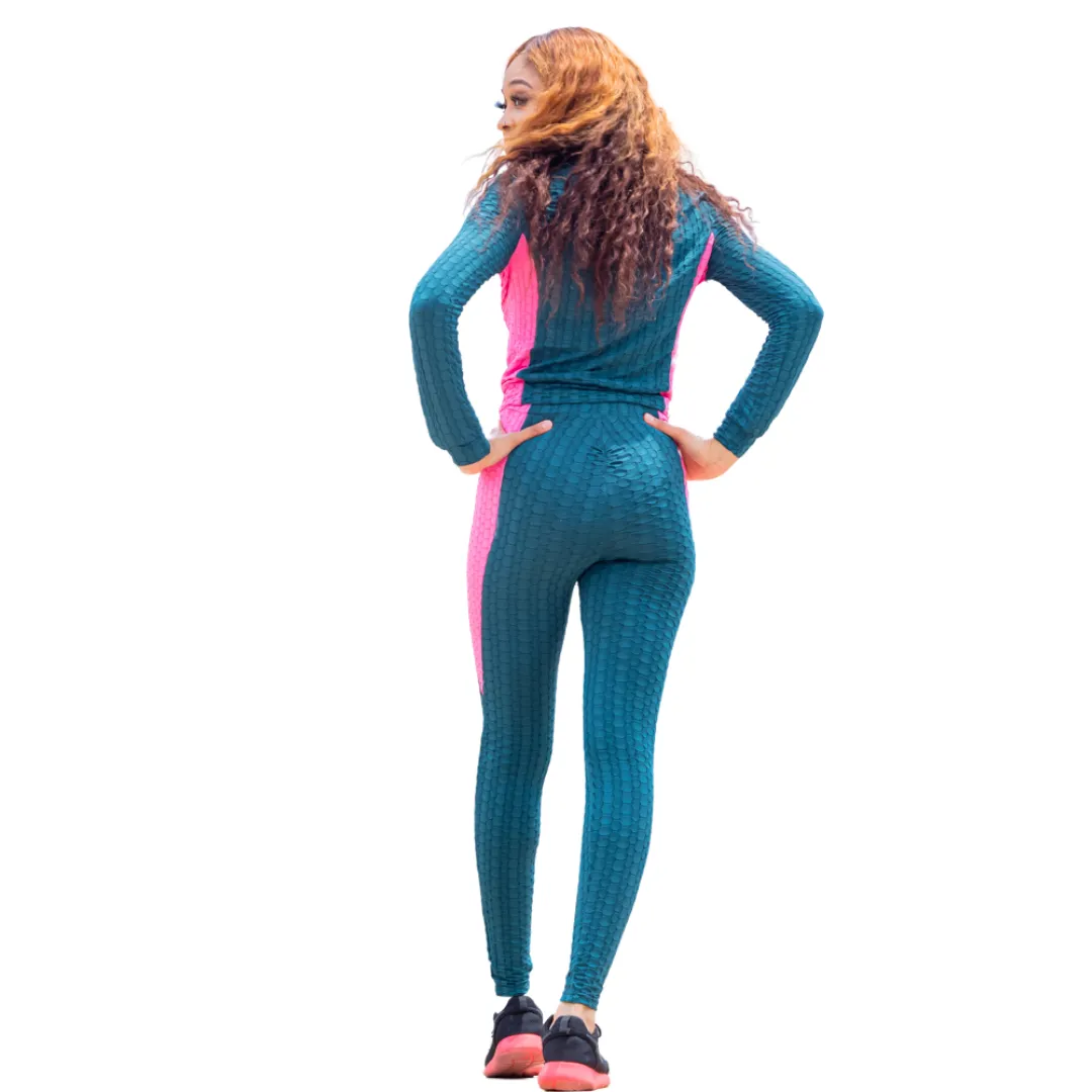 Green Zip Up Sport Long Sleeve Jacket With Pink Contrast Set