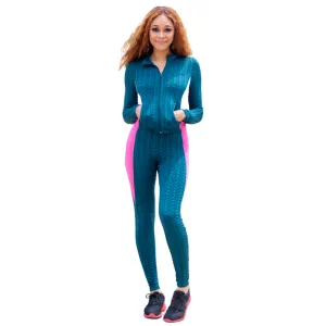 Green Zip Up Sport Long Sleeve Jacket With Pink Contrast Set