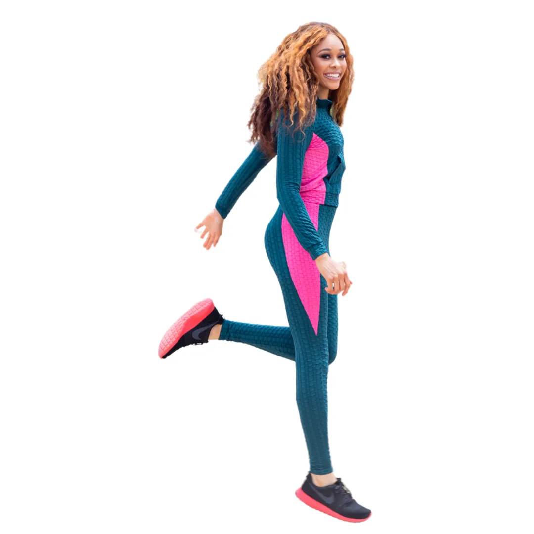 Green Zip Up Sport Long Sleeve Jacket With Pink Contrast Set