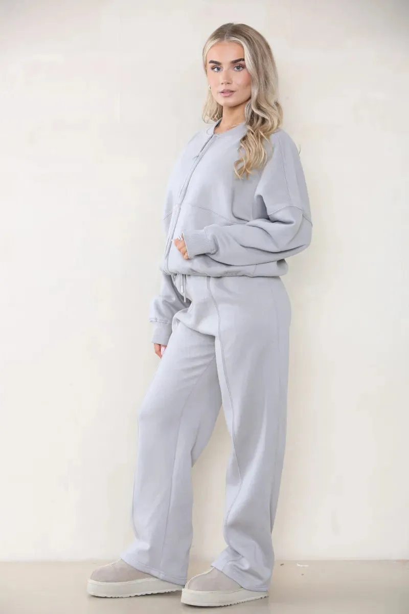 Grey Bomber Style Jacket & Wide Leg Bottoms Co-ord Loungewear Set