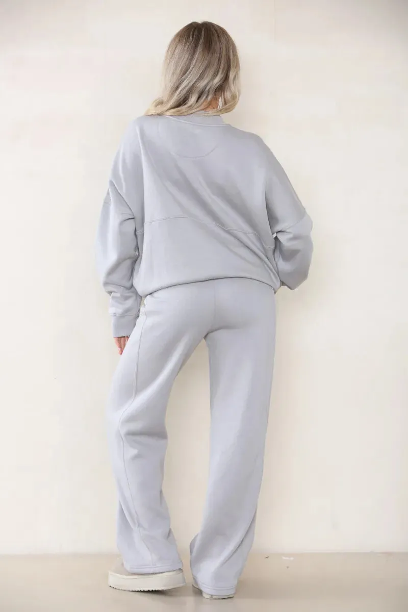 Grey Bomber Style Jacket & Wide Leg Bottoms Co-ord Loungewear Set