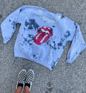 Grey Tie Dye LA Tongue Embellished Crewneck
