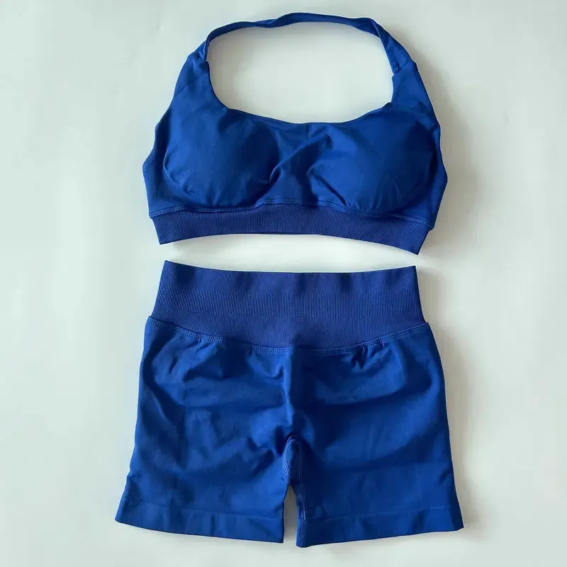 Halter Sports Bra & Scrunch Shorts Gym Suit Fitness Workout Clothes