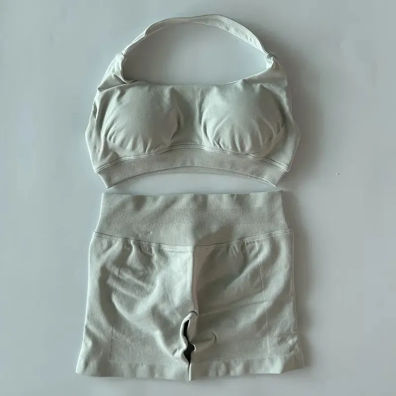 Halter Sports Bra & Scrunch Shorts Gym Suit Fitness Workout Clothes