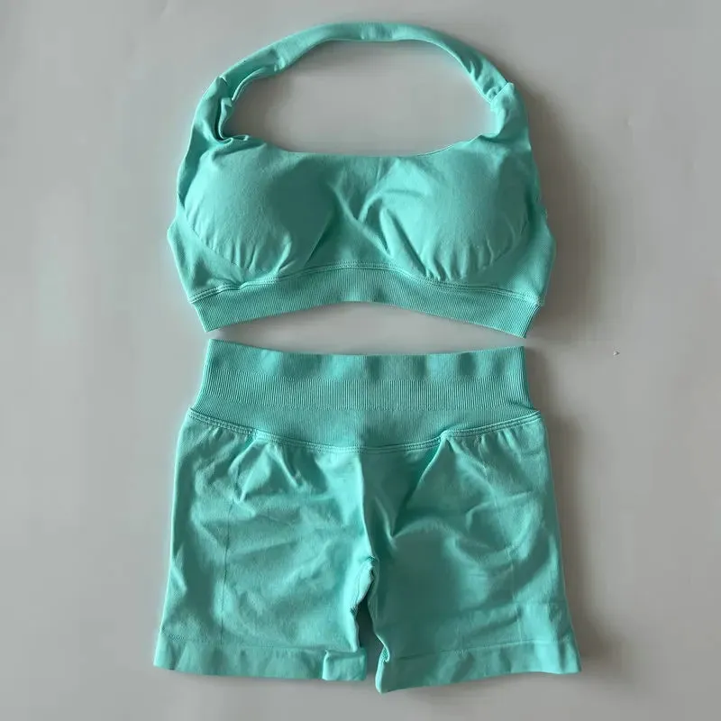 Halter Sports Bra & Scrunch Shorts Gym Suit Fitness Workout Clothes
