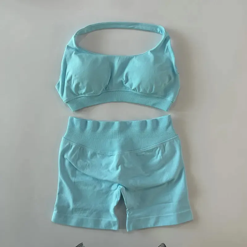 Halter Sports Bra & Scrunch Shorts Gym Suit Fitness Workout Clothes