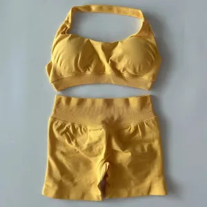 Halter Sports Bra & Scrunch Shorts Gym Suit Fitness Workout Clothes