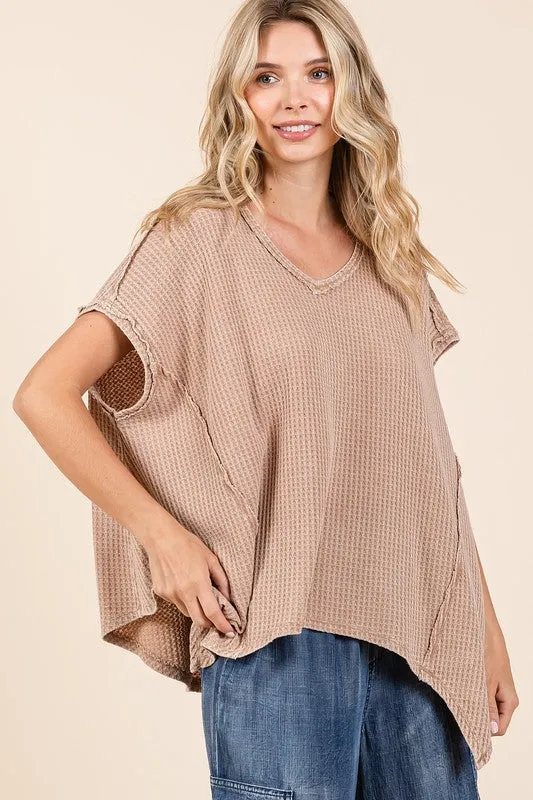 Hazel Blues® |  Mittoshop Mineral Wash Waffle Knit Pointed Hem Oversized Top