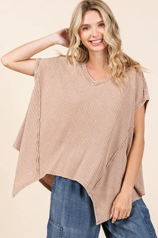 Hazel Blues® |  Mittoshop Mineral Wash Waffle Knit Pointed Hem Oversized Top