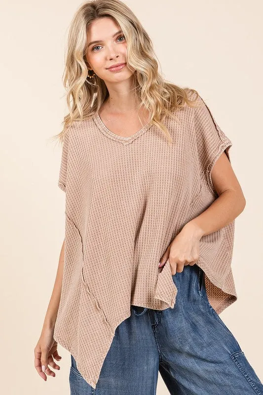 Hazel Blues® |  Mittoshop Mineral Wash Waffle Knit Pointed Hem Oversized Top