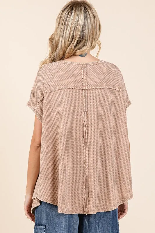 Hazel Blues® |  Mittoshop Mineral Wash Waffle Knit Pointed Hem Oversized Top