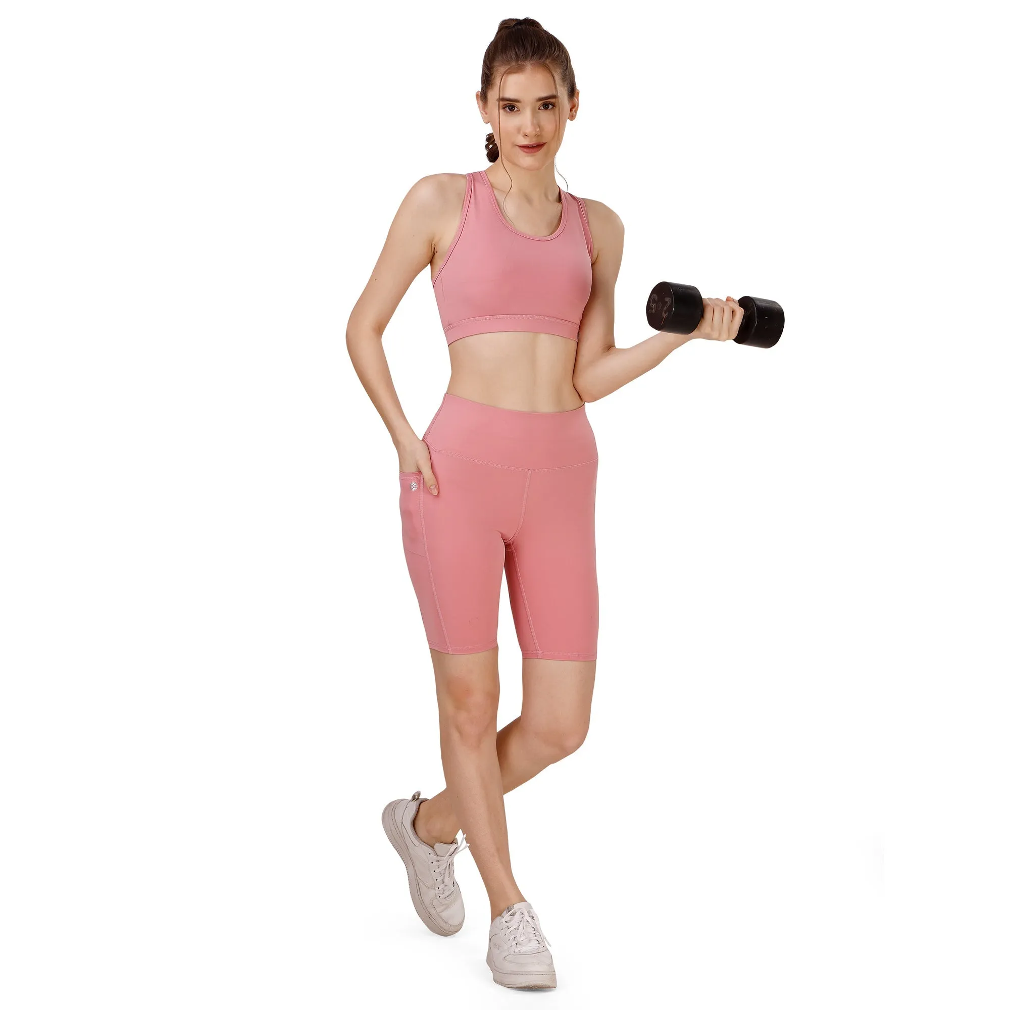High Waist Knee Length Solid Sports Shorts With Pocket