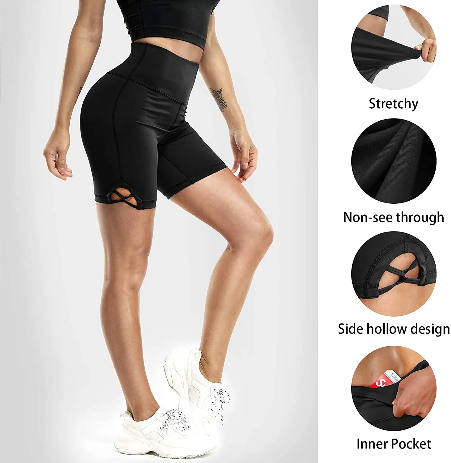 High Waisted Biker Yoga Shorts for Women w/ Pocket Tummy Control