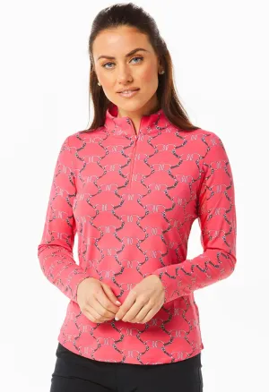 Ibkul Icifil Long Sleeve Sun Shirt: Belmont Cherry Print Zip Mock - SPF 50