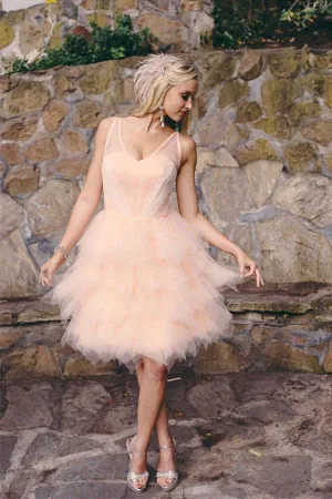 Knee Length Blush Colored Layered Tulle Short Ruffles Wedding Dress OK557