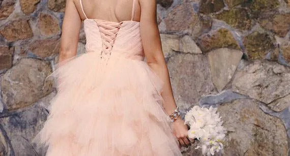 Knee Length Blush Colored Layered Tulle Short Ruffles Wedding Dress OK557