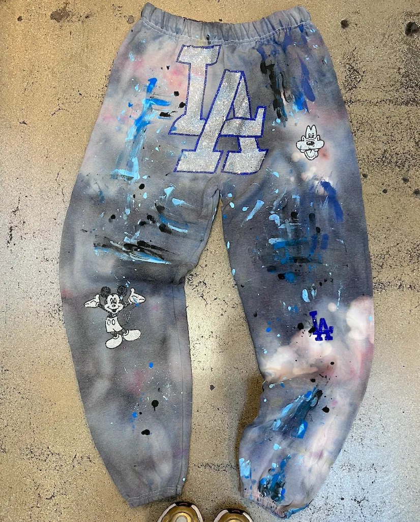 LA Mickey Mouse Embellished Tie Dye Paint Sweatpants